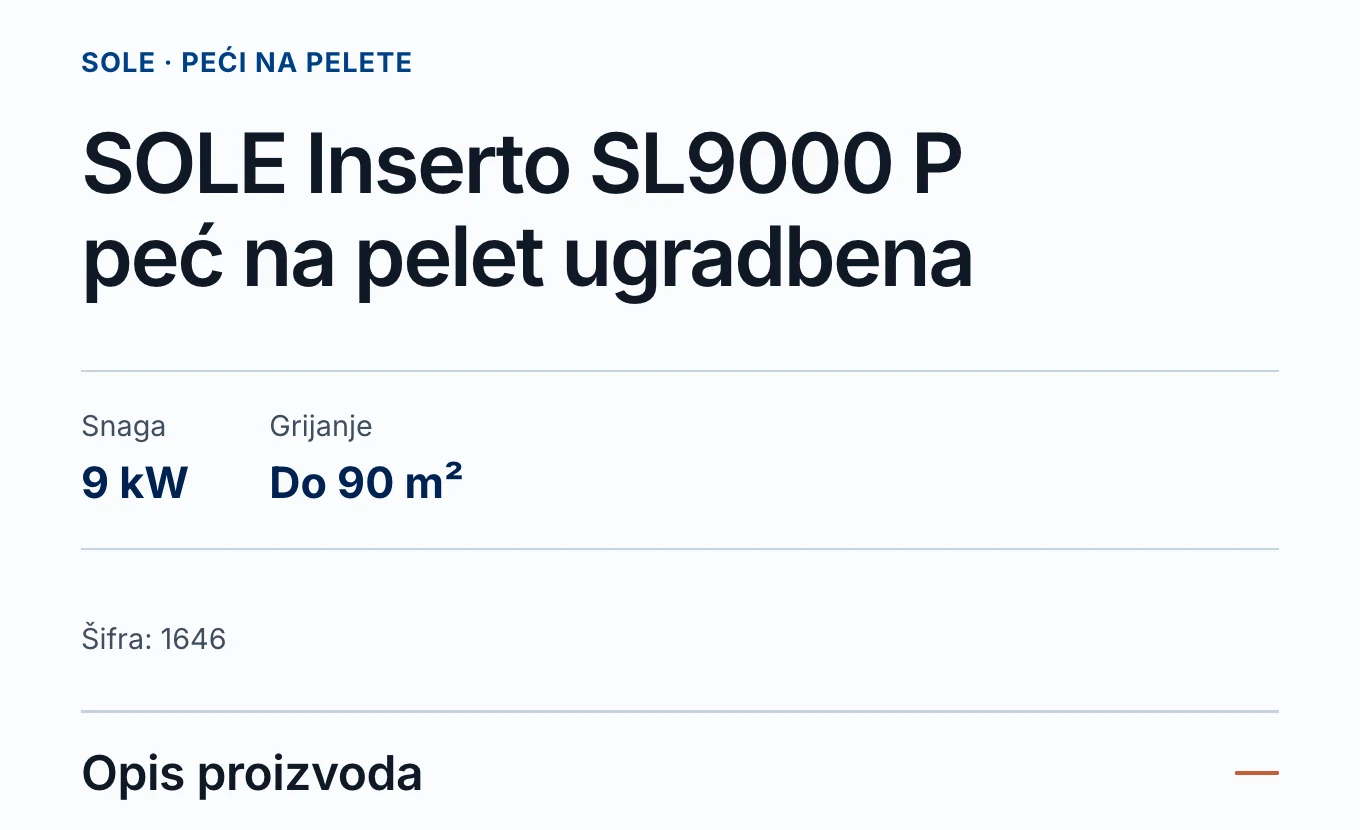 Stranica proizvoda u katalogu peći i klima